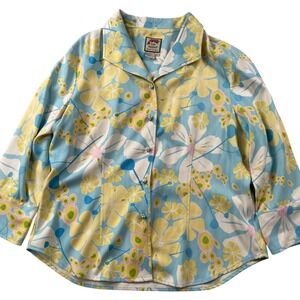 Rum Runner Top Womens Large‎ 100% Silk Floral Hawaiian Tropical Collared Blouse